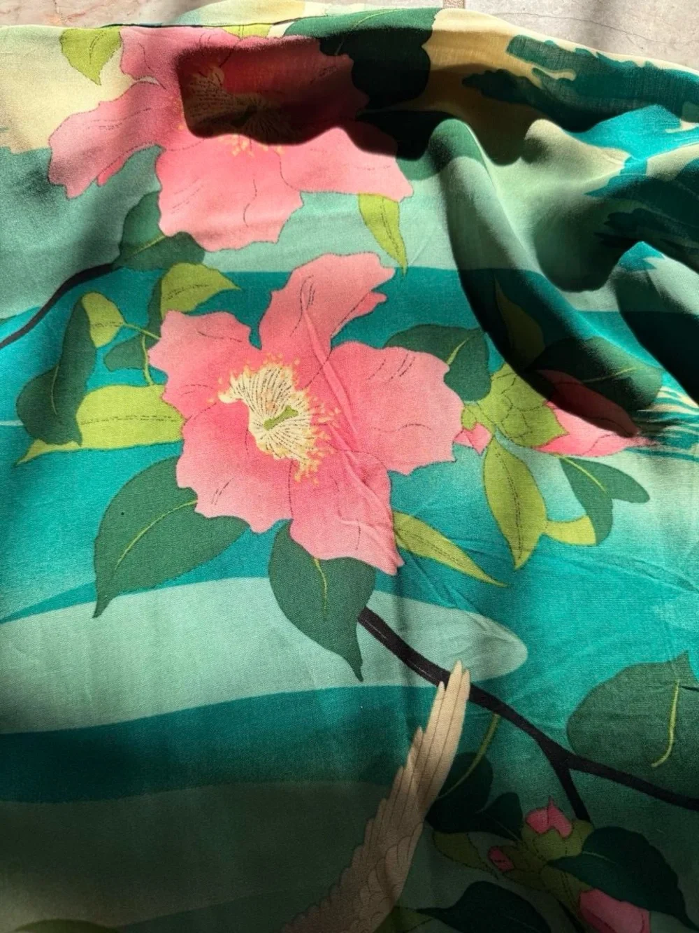 Kimono Style Floral Crane Robe Ocean Print Japanese Inspired Cover Up S/M - Picture 5 of 8